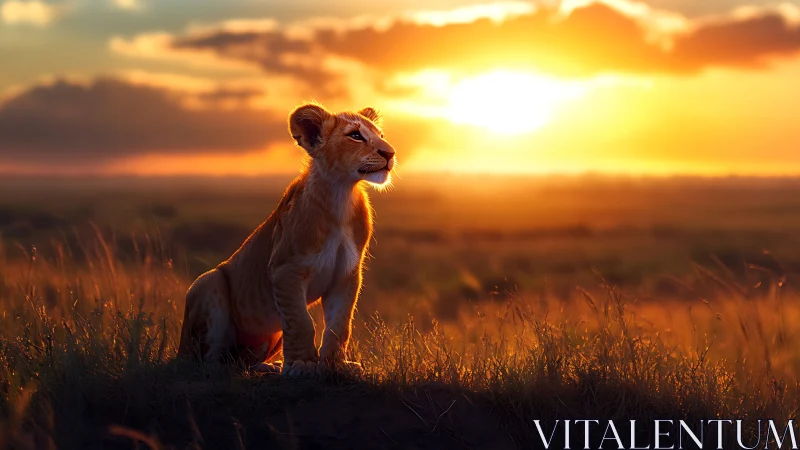 Young lion cub crowned by blazing savanna sunset glow.