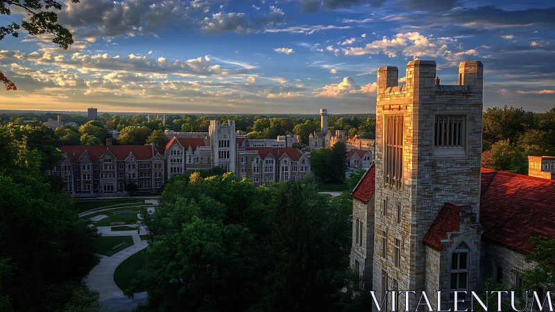 Gothic collegiate quadrangle under directional golden hour lighting