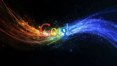 Google logo ignites across swirling neon light trails.