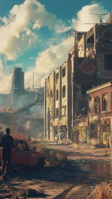 Wanderer explores a sunlit post apocalyptic industrial ruin