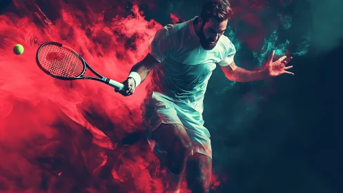 Male tennis player in dynamic motion with colored smoke.