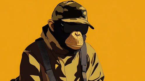 Camouflage chimp portrait in flat vector streetwear style.