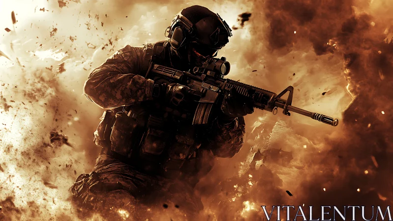 Armored soldier advances through fiery explosion in dynamic frame