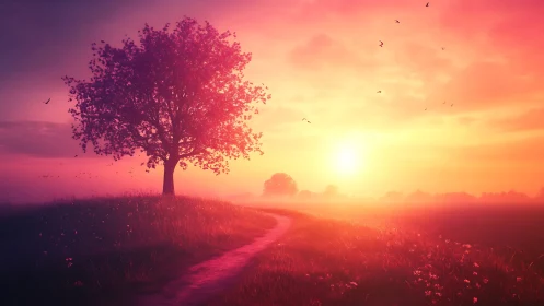 Sunlit hillside path under a glowing pink-gold sky.