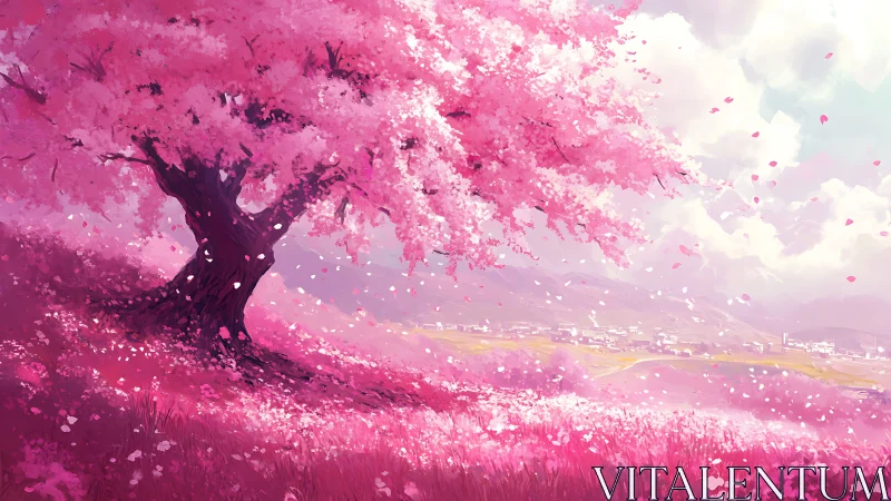 Cherry tree on hillside with distant town under bright sky.