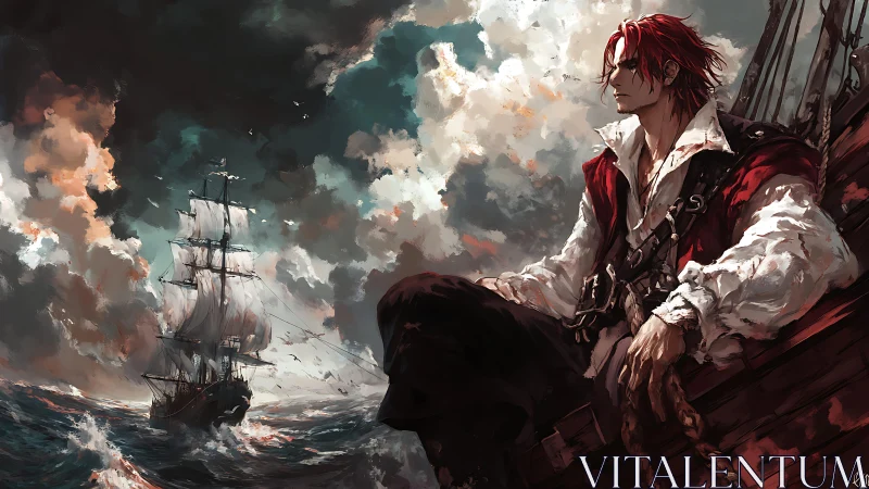 Storm-lit privateer studies horizon from weathered ship rail