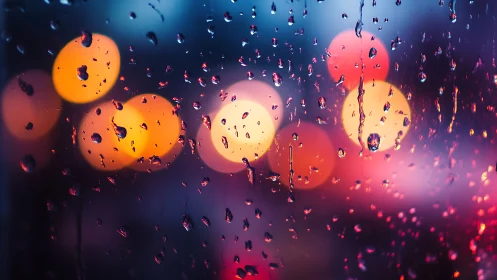 Raindrop constellations drift across blurred neon night