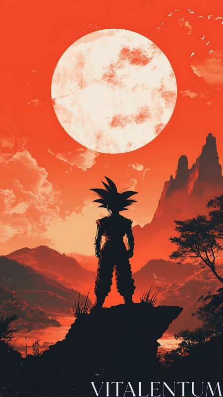 Lone spiky-haired warrior surveys crimson alien sunset sky.