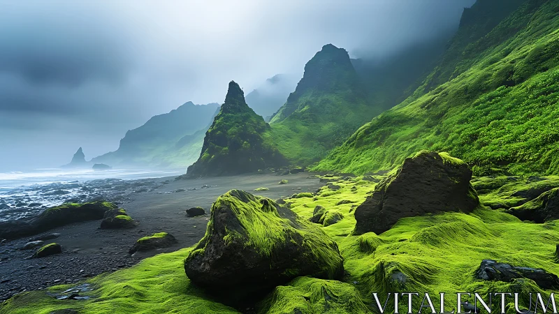 Moss-covered coastal cliffs under heavy fog and clouds.