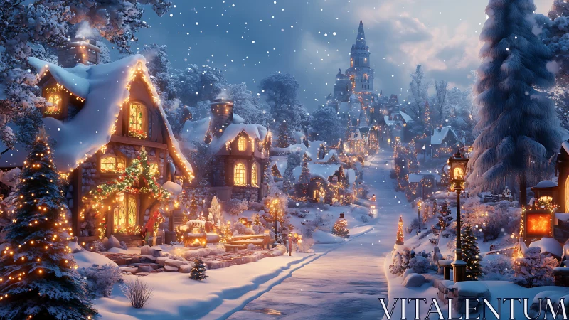 Snowy Christmas village glows with warm lantern lights.