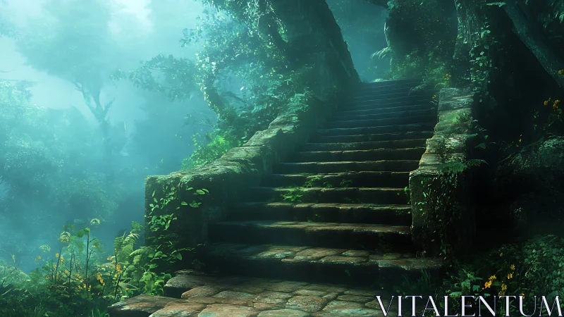 Misty stone staircase winding toward a hidden forest haven.
