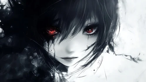 Crimson-eyed girl emerges from monochrome digital void.