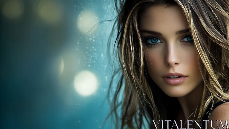 Close portrait of young woman with blue eyes in soft focus.