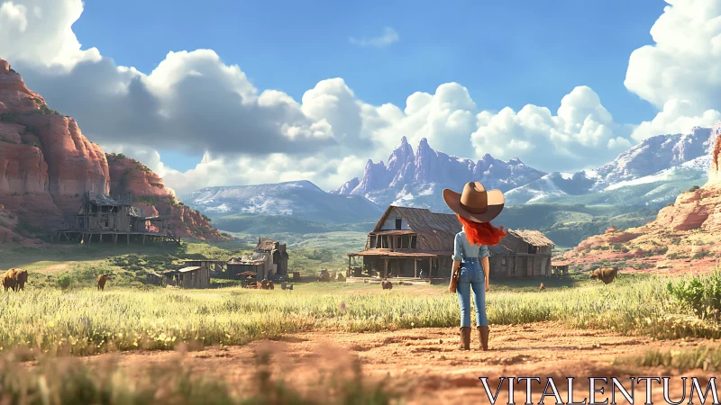 Cowgirl observes rural homestead within stylized canyon valley