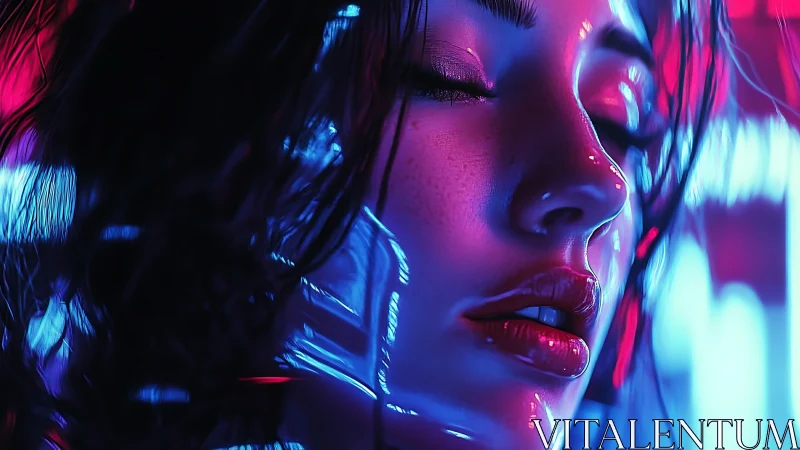 Neon lit female portrait in closeup cyberpunk color grading