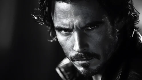 Monochrome close-up of intense male face in profile view.