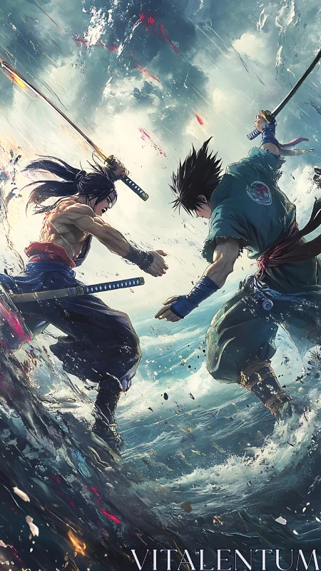 Storm-forged duel as twin samurai carve fury from the sea.