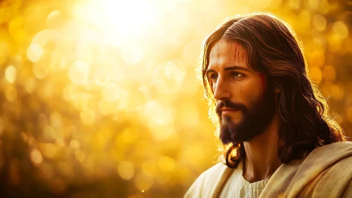 Portrait of robed man in golden backlit landscape.