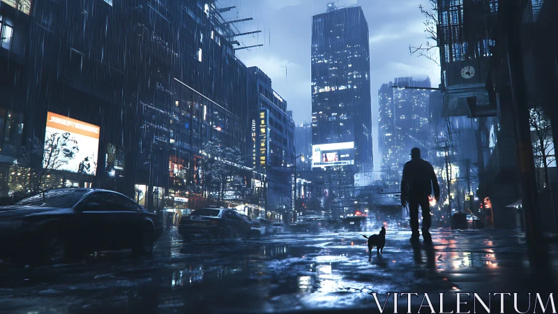 Rain-soaked cybercity street with lone figure and dog silhouette.