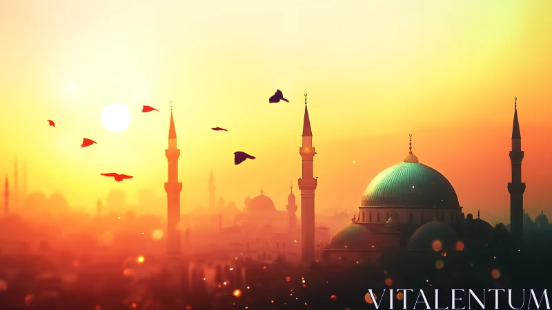 Sunlit mosque skyline with soaring birds at golden dusk.
