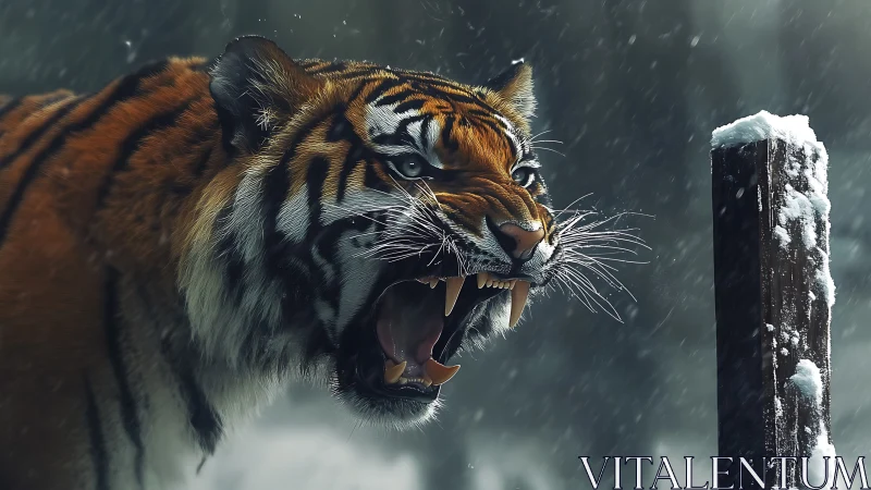 Winter storm roar of a snow-dusted tiger mid-charge.