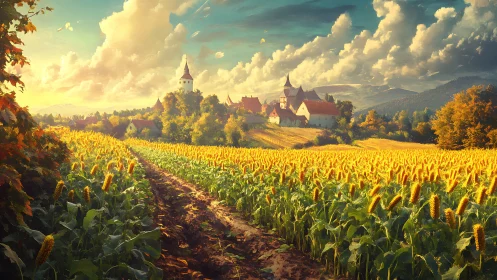 Rural cornfield landscape with distant village and clouds.