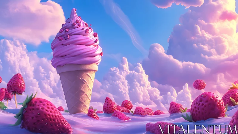 Strawberry ice cream tower rises in dreamy pink clouds.