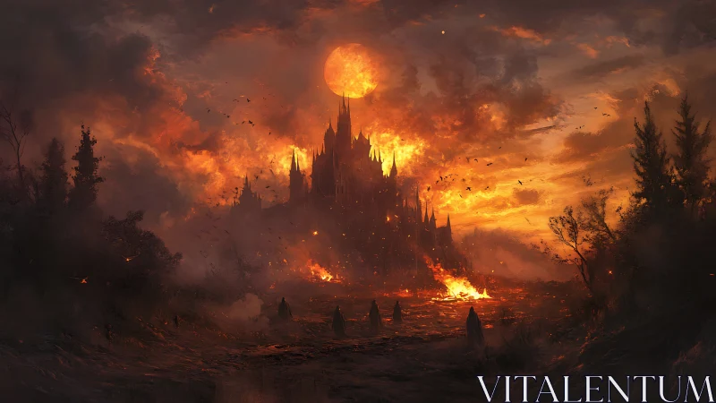 Burning Castle Under Apocalyptic Sky with Blazing Orb.