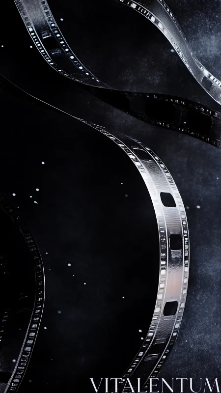 Curved silver motion picture filmstrips on dark cosmic field