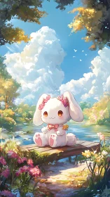 Gentle bunny enjoys a sunny flower-filled lakeside day
