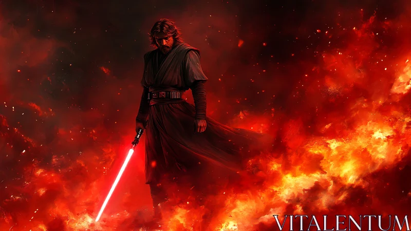Sith warrior stands amid erupting lava and swirling embers