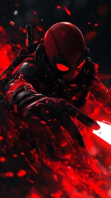 Vigilante in crimson armor lunging through molten light.