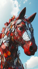 Red metal horse sculpture under bright blue sky.