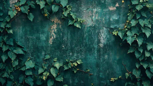 Climbing ivy frames weathered teal wall with textured patina
