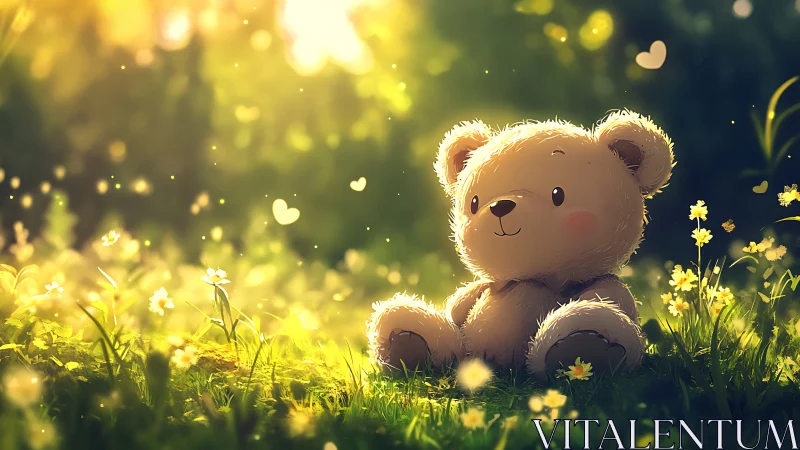 Gentle teddy bear enjoys a golden afternoon in wildflower glow