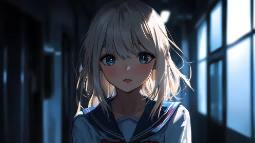 Anime schoolgirl pauses in a dim hallway, eyes reflecting light.