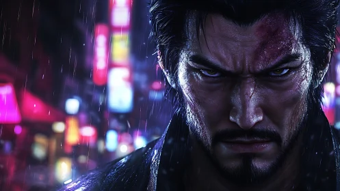 Scarred warrior glares through neon rain in a tense night