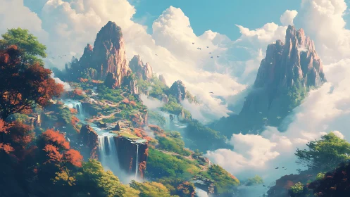 Epic fantasy mountain range with tiered waterfalls composition.