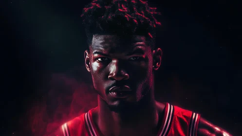 Intense basketball portrait under dramatic red lighting.