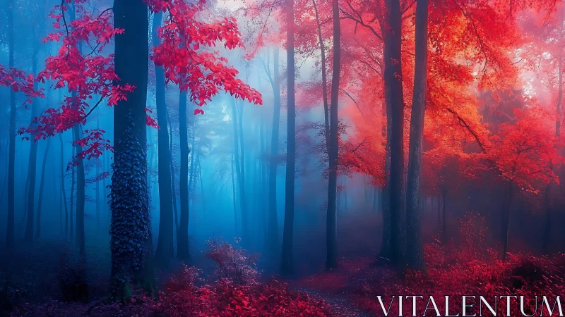 Enchanted scarlet forest emerging through cyan twilight mist.