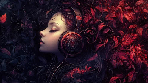 Woman with headphones surrounded by red swirling foliage.