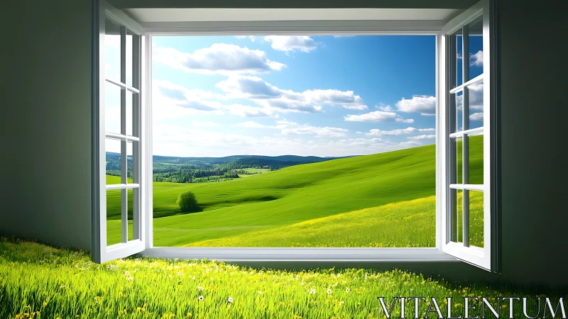 Open window frames bright green hills under clear blue sky