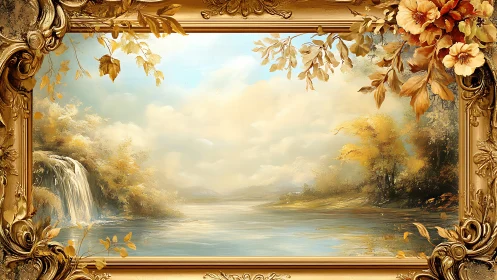Decorative gold frame encloses painted river landscape scene