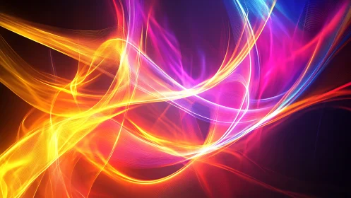 Digital light waves traverse dark background with gradient color progression.