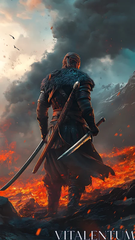 Armored warrior with dual swords above burning volcanic field.