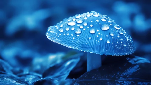 Dew covered blue mushroom glows softly in forest shade