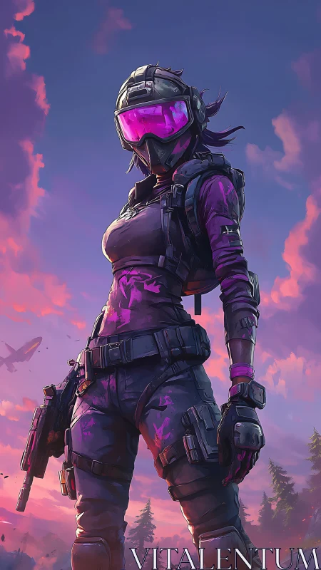 Armored recon operative in magenta visor under volumetric dusk sky