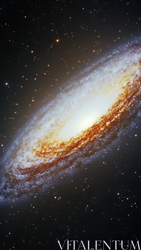 Spiral galaxy glows with dense star fields and bright core.