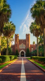 Sunlit brick campus gateway framed by inviting palm trees.