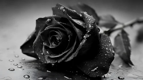 Glistening black rose in dramatic monochrome close-up.